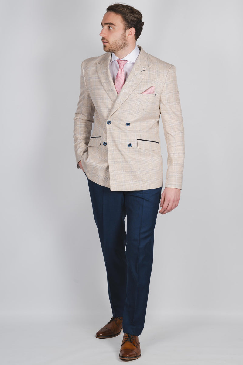 Double Breasted Ivory Jacket With Check & Peak Lapels - Leonard Silver