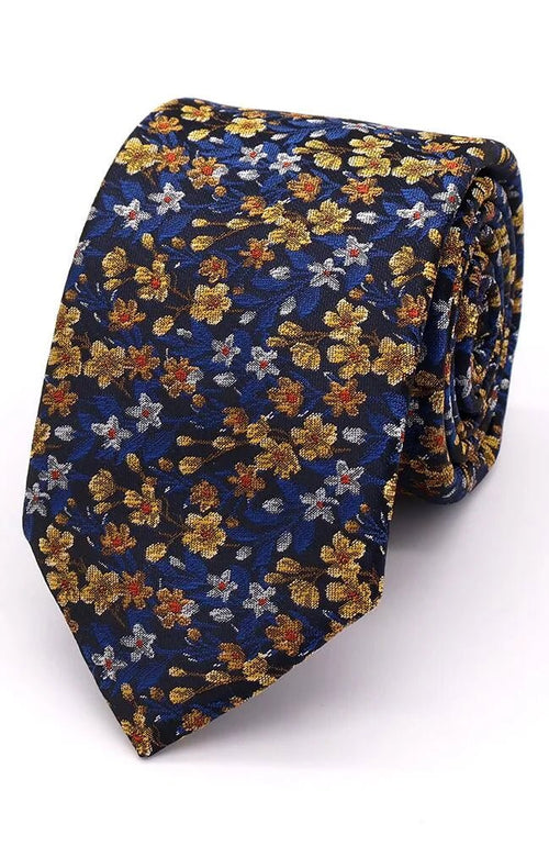 English Hedgerow Tie Yellow Blue Brown - Leonard Silver