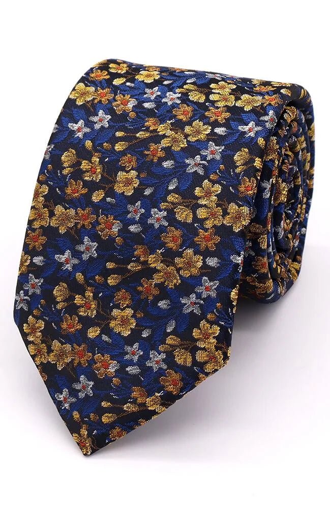 English Hedgerow Tie Yellow Blue Brown - Leonard Silver