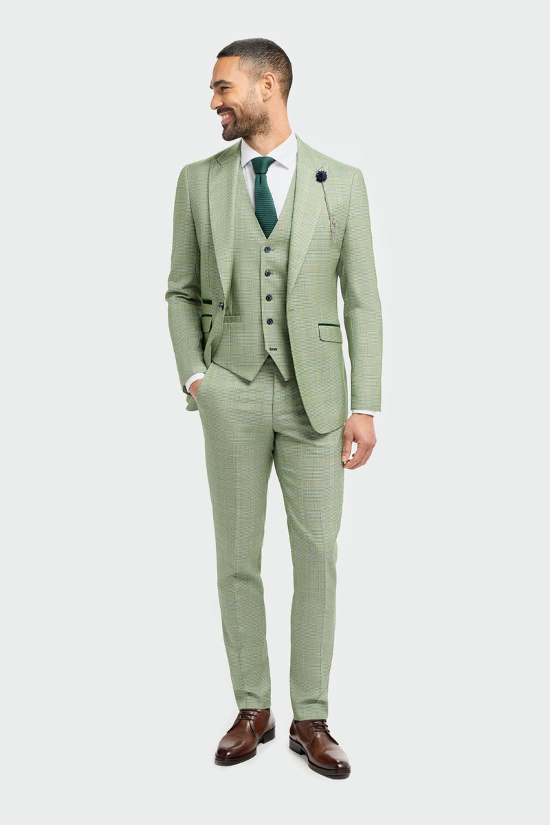 Sage Green Suit With Check & Peak Lapels - Leonard Silver